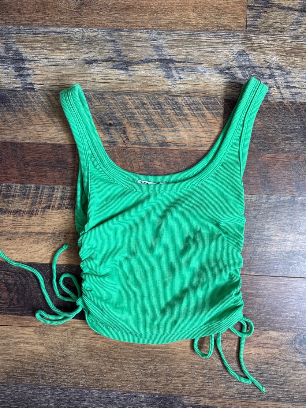 Zara Cropped Tank Top Ruched Side Tie Ribbed Sleeveless Scoop Neck